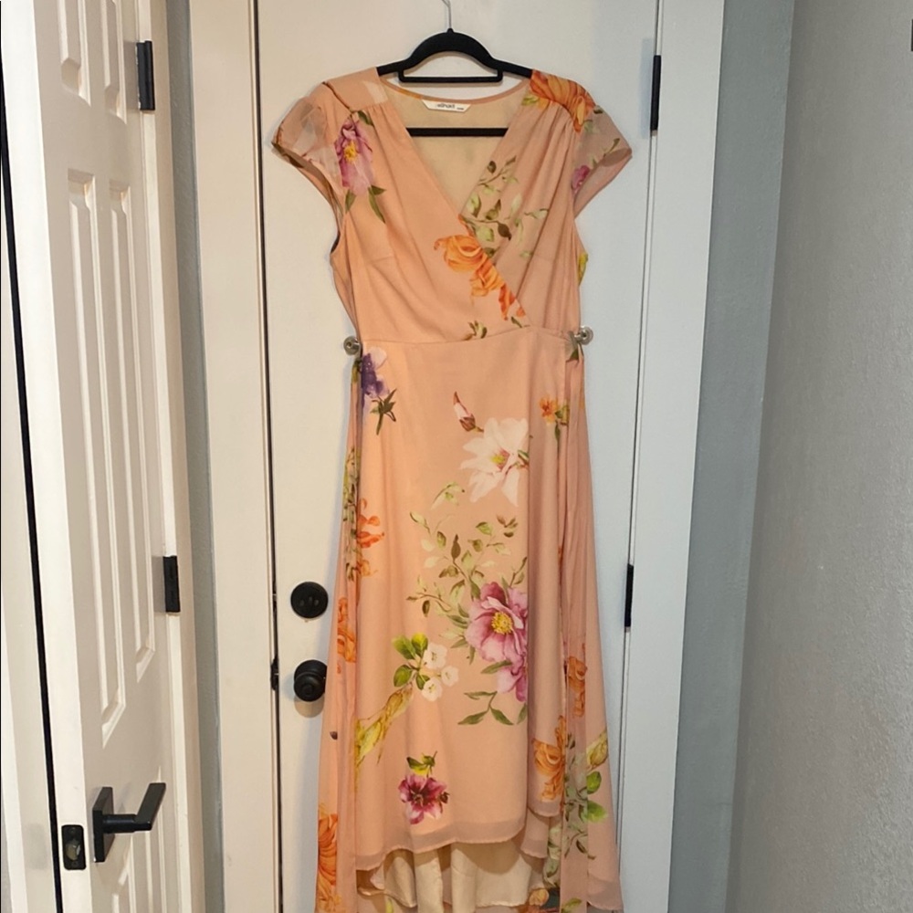 eShakti Orange Pink High Low Sundress V-Neck Flutter Sleeves